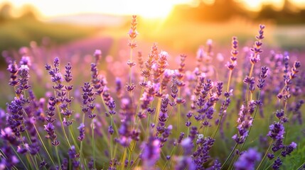 A field of purple flowers with the sun shining on them