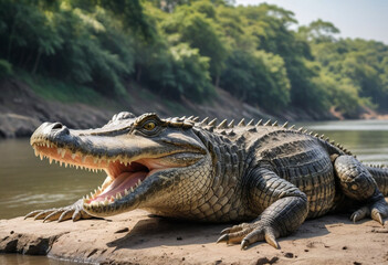Naklejka premium A majestic crocodile basking on a riverbank. 