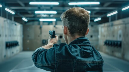 Caucasian man in a shooting range aiming a handgun. Concept of target practice, firearm training, gun control, indoor range