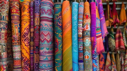 Vibrant soft fabrics in a full frame display at an Egyptian street bazaar