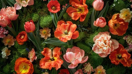 Vibrant spring flowers in coral shade with moss backdrop