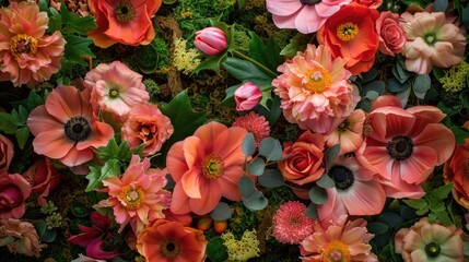 Fototapeta premium Vibrant spring flowers in coral shade with moss backdrop