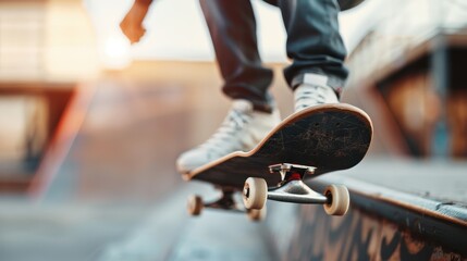 An image capturing a skateboarder in action performing a trick mid-air at a skate park ramp during sunset, emphasizing skill, youth, and dynamic motion in urban sports culture.
