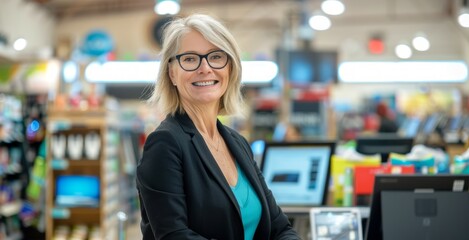 Caucasian woman shop assistant in glasses and blazer smiling in electronics store. Concept of customer service, retail, shopping, technology assistance