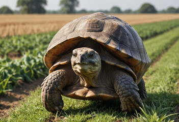 Fototapeta premium A majestic tortoise lumbering through a field. 