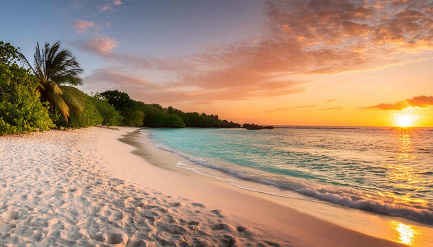 The image features a serene sunset over a beach, with the sun setting behind the horizon, casting a warm glow over the sea, sand, and sky Tags include beach, ocean, sunset, sand, sun, sky, and paradis