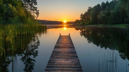 Fototapeta premium A wooden bridge spans a body of water, with the sun setting in the background
