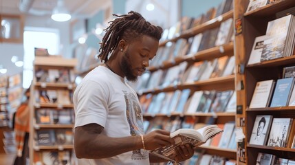 Obraz premium African American male reading book in bookstore. Concept of literature, education, learning, book lover
