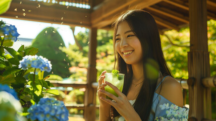 夏の庭で冷たい緑茶を楽しむ若い女性