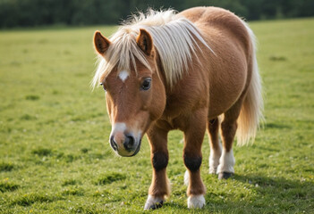  A playful Shetland pony grazing in a meadow. 