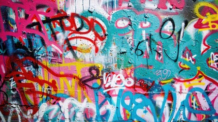 A vibrant wall covered in layers of detailed graffiti art with a mix of colors, shapes, and tags, showcasing urban creativity and street culture.