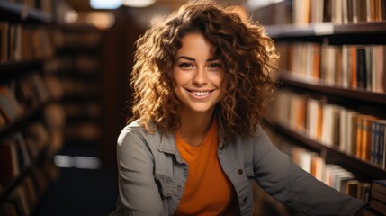 Female college student sitting in library