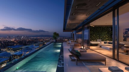 A sleek, modern penthouse with a rooftop pool, panoramic city views, and luxurious, contemporary furnishings.