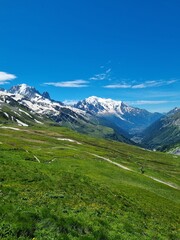 Fototapeta premium The Tour du Mont Blanc trail, TDMB, leading across lush green mountain meadow with full view of the snow covered Mont Blanc massif in summer in the Chamonix valley in France 