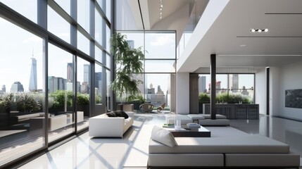 A sleek, modern penthouse with floor-to-ceiling windows, minimalist furnishings, and a rooftop garden with city views.