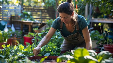 Woman in her thirties gardening in her backyard with a focus on sustainable living