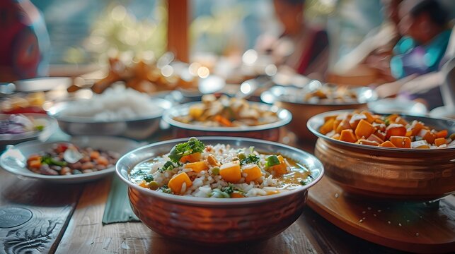 Blurred Sikkimese Traditional Meal with Wooden Table Setting