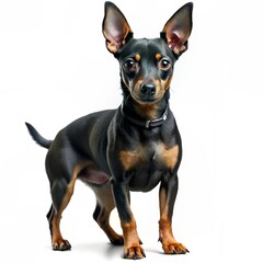 A small black dog of a dwarf pinscher on a white background