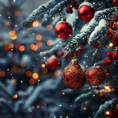 New Year's balls hanging on spruce branches covered with snow with soft bokeh lights against blurred snowy forest background