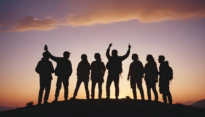 Fototapeta premium photo a silhouette of group people have fun at the top of the mountain near the tent during the sunset.