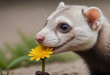  A curious ferret sniffing a flower. 