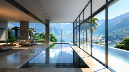 A sleek, modern villa with floor-to-ceiling windows, an infinity pool, and a panoramic view of the mountains.