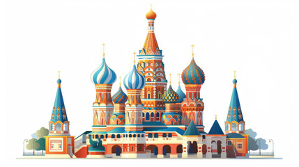 Fototapeta premium Illustrated image of the iconic St. Basil's Cathedral in Moscow with vibrant, colorful domes and intricate architecture.