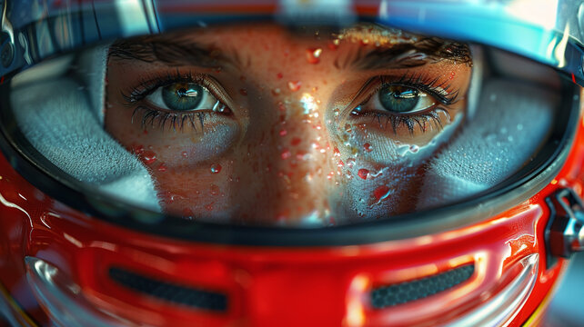 Close-up portrait of a racing driver in a helmet A pilot wearing a helmet before the start of the race 