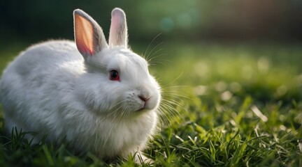 A beautiful white rabbit is sitting in the grass with the red eyes.