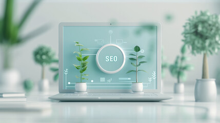 Digital SEO concept with green plants in front of a laptop screen. Enhancing online presence through sustainable practices.