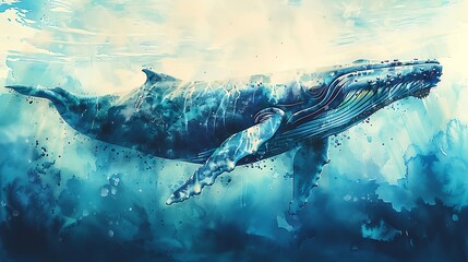 Obraz premium A double exposure watercolor painting featuring a giant whale, the underwater seascape merging into its form, delicate shades of blue and turquoise, with sunlight filtering through the water,