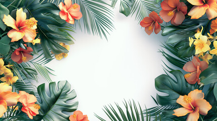 Tropical floral border with vibrant hibiscus flowers and lush green leaves on a white background, perfect for a themed greeting card or invitation.