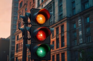 Traffic lights in a city with a background of buildings.
