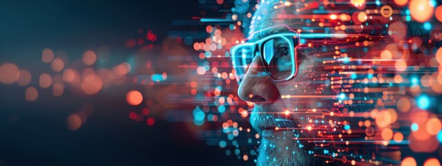 Man, double exposure, holographic secure network, dark background, glowing neon tones