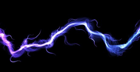Blue lightning, power energy charge, black abstract background. Blitz effect. Night storm flash, thunderstorm. Thunder shock isolated on dark. Digital art dynamic illustration.