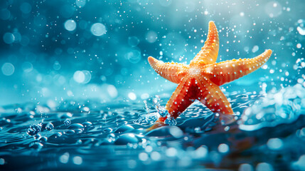 Vibrant starfish splashes in crystal-clear water. Concept for themes of marine life, nature, and summer.