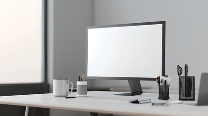 Obraz premium 3D rendering of a blank computer screen on a white desk in an office with a coffee cup and pen,