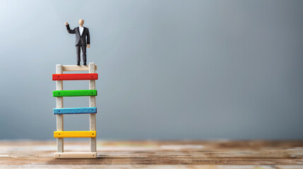 A miniature figure in a suit stands on top of a colorful ladder made of wooden, set against a plain background with copy space, symbolizing growth and progress in organizational management.
