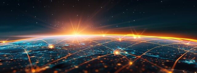 Obraz premium Modeling the spread of the internet and broadband access in rural areas, shown as glowing lines expanding across a digital map.