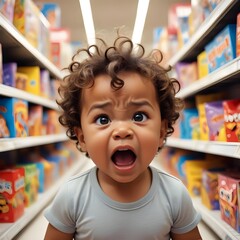 Mixed race boy girl throwing a tantrum fit in a toy store, difficult hysterical child concept