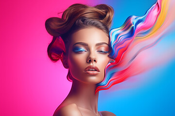 Naklejka premium Colorful Vision: Abstract Portrait with Vibrant Flowing Hair. Generative AI