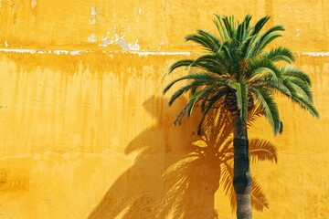 Vibrant palm tree against a yellow building facade in Alcudia old town under a clear blue sky. Minimalistic architecture and nature scene with vibrant colors illuminated by natural sunlight.