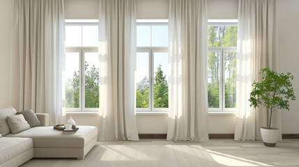 Fototapeta premium Curtain windows decorating the interior of a room, featuring a vintage light filter.