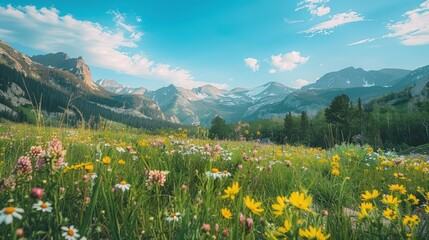 A beautiful, lush green field with a blue sky and mountains in the background