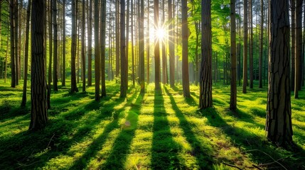 sun rays through the forest