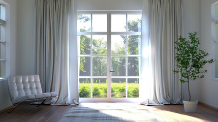 Fototapeta premium Curtain windows decorating the interior of a room, featuring a vintage light filter.