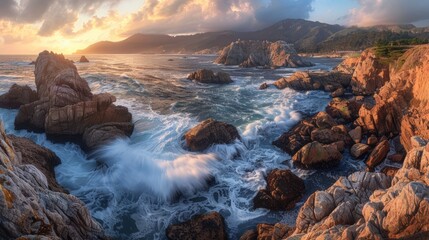 The ocean is crashing against the rocks, creating a powerful and dynamic scene