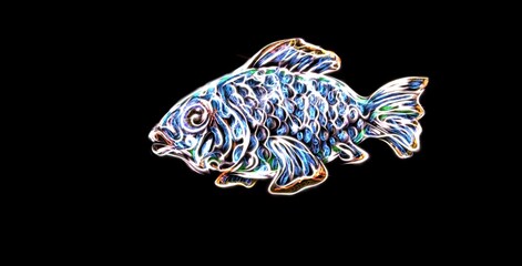 Glowing fish. Blue neon oceanic or tropical sea, resident. Futuristic digital hologram on black background. Illustration luminescent style.