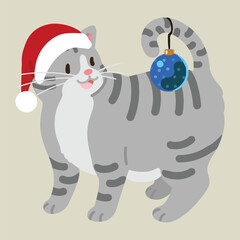 Simple and adorable Christmas illustration of Grey Tabby Cat playing with a Christmas ornament flat colored