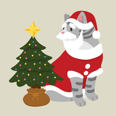 Simple and adorable Christmas illustration of Grey Tabby Cat and a Christmas Tree flat colored